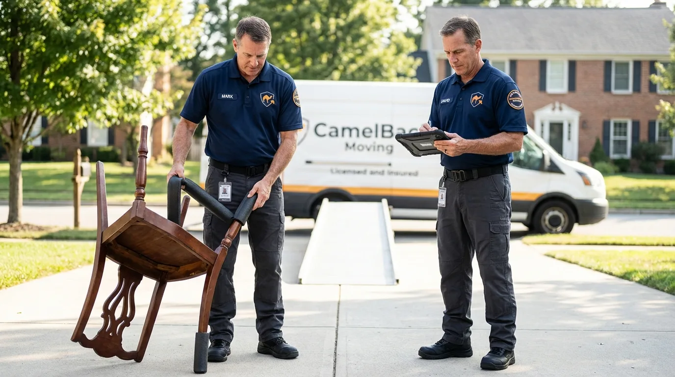 Movers inspecting furniture for damage prevention before loading in Cottonwood, MN