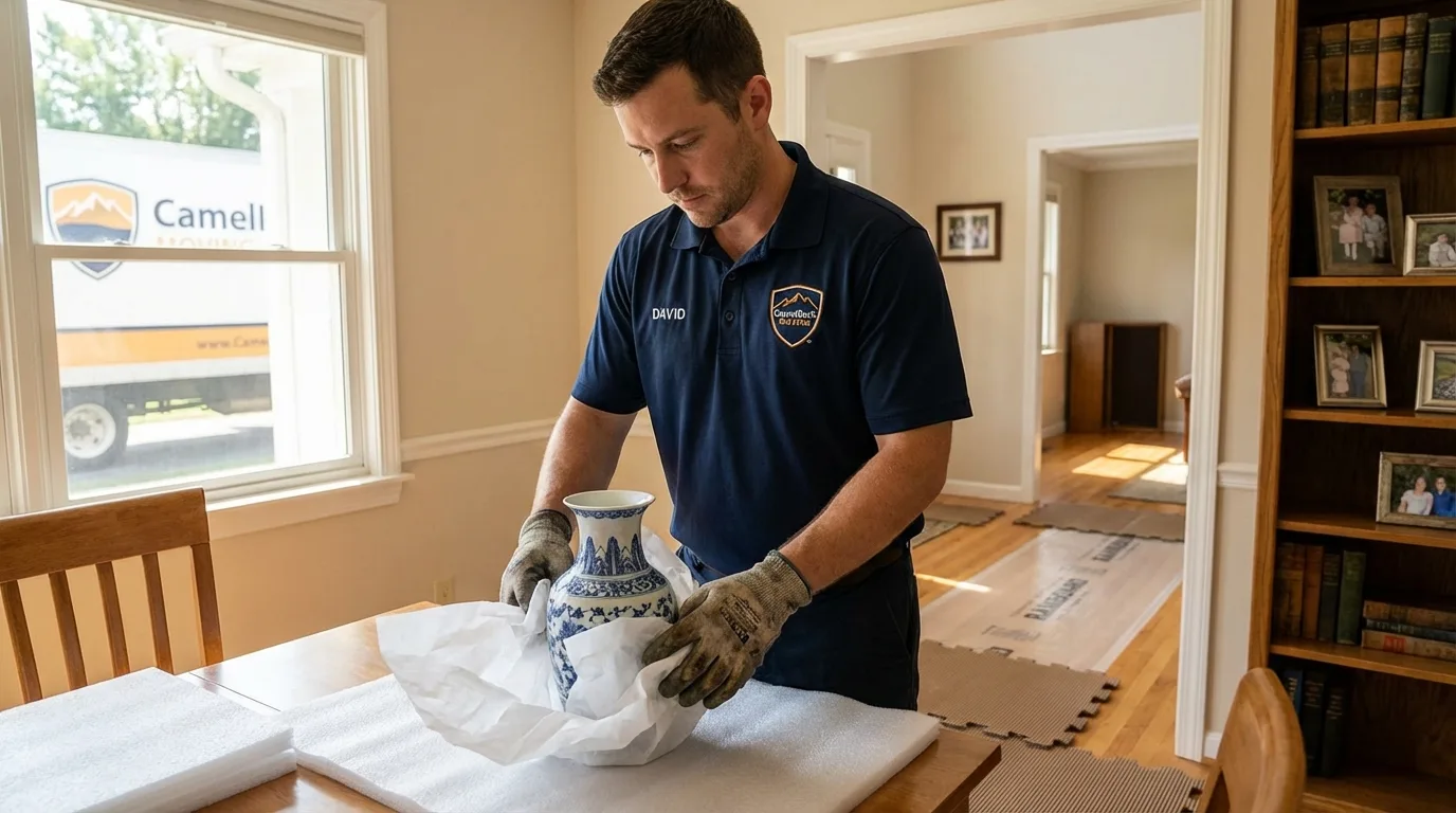 Professional crew carefully wrapping antique vase for senior downsizing move in Cottonwood, MN